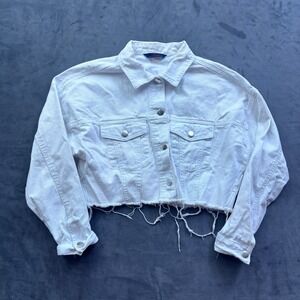 Excuse Womens White Cropped Denim Jacket Frayed Hem Distressed Cotton Size M